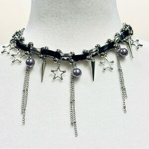 Black and silver gothic punk choker necklace with stars, pearls, spikes